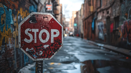 Close-up of a stop sign with graffiti on it, placed on an urban street with brick buildings and faded paint in the background. --chaosの素材
