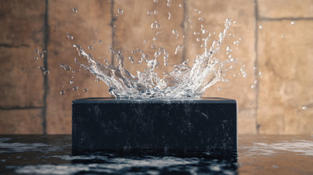 Black podium highlighted by an artistic water splash, with droplets in mid-air creating a dynamic, textured visual effect. --chaosの素材
