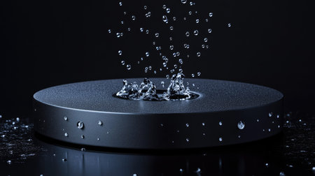 Close-up of a black podium with water splashing onto it, droplets frozen in time, set against a dark background for a striking contrast. --chaosの素材