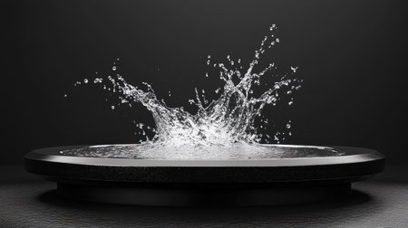 Black podium with water splash cascading over the edges, droplets caught in motion, adding a sense of fluidity and excitement. --chaosの素材