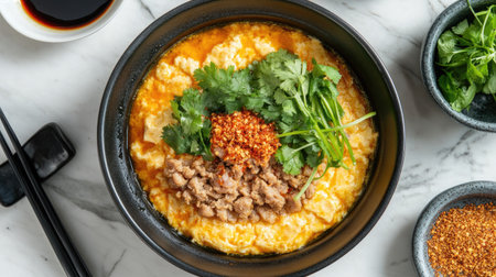 Clear soup with egg tofu and minced pork, garnished with herbs and served with a side of chili flakes and soy sauce. --chaosの素材