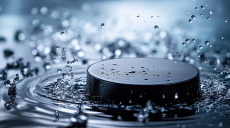 Elegant black podium in the midst of a water splash, droplets caught mid-air, creating a refreshing and luxurious atmosphere. --chaosの素材