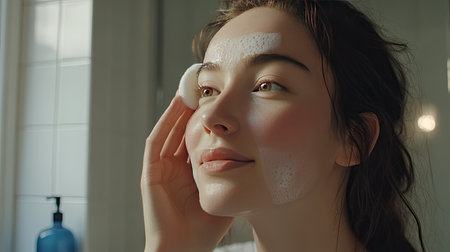 A woman gently removing makeup from her face with a cotton pad, using circular motions to cleanse her skin, in a bathroom setting. --chaosの素材