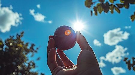 Close-up of a hand grasping a ripe plum against a background of blue sky and scattered clouds, with sunlight reflecting off the fruit. --chaosの素材