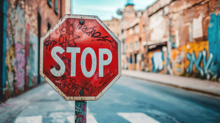 Close-up of a stop sign with graffiti on it, placed on an urban street with brick buildings and faded paint in the background. --chaosの素材