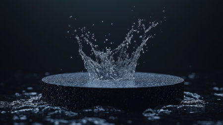 Elegant black podium with water splashing around it, illuminated to highlight the texture of the droplets against a dark background. --chaosの素材