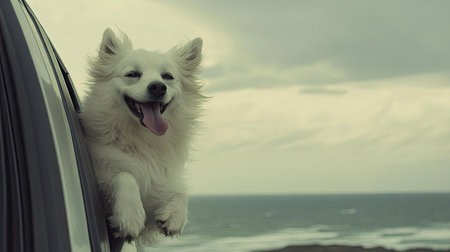 Dog hanging out of a car window, tongue flapping in the breeze during a road trip, with a coastal road and ocean in the background. --chaosの素材