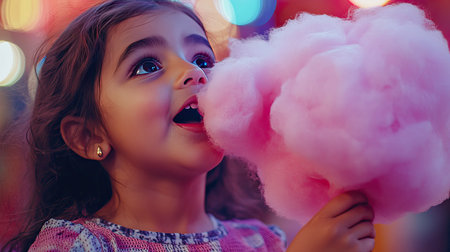 Close-up of a little girl eating pink cotton candy, with her face lighting up in joy as she takes a bite, at a carnival. --chaosの素材