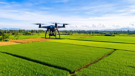 Drone hovering over a vast expanse of rice paddies, with the clear blue sky above and the bright green crops below. --chaosの素材