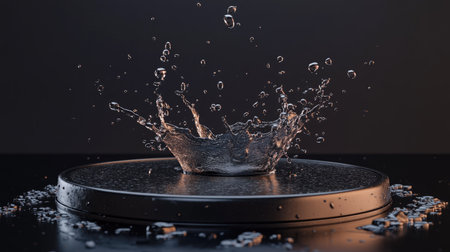 Close-up of water splash over a black podium, with each droplet glistening against a moody dark background for a refined look. --chaosの素材