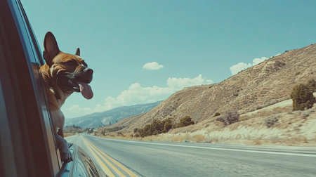 Dog leaning out of a car window on a road trip, with its tongue hanging out, and a view of the open road and blue sky ahead. --chaosの素材