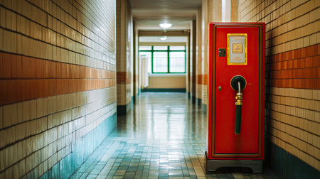 A fire hose cabinet set against a brick wall in a school hallway, emphasizing the importance of fire safety in public buildingsの素材