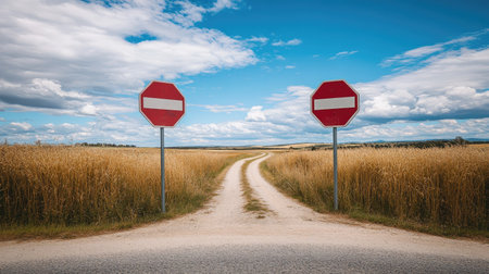 Stop sign positioned at the intersection of two country roads, surrounded by tall grass and an open landscape under a bright sky. --chaosの素材