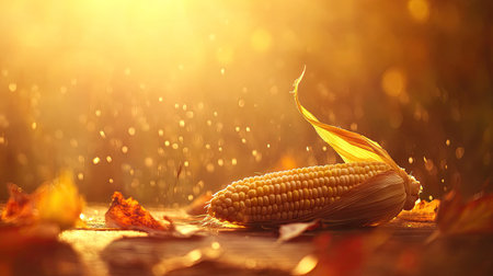 Young corn on the cob with husks attached, displayed on a wooden surface, sunlight adding a warm glow to the yellow kernels. --chaosの素材