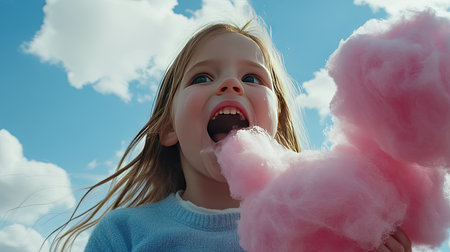Little girl enjoying pink cotton candy on a sunny day, with her eyes wide in excitement as she takes a big bite. --chaosの素材