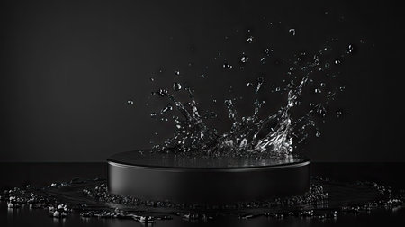 Minimalist black podium surrounded by a dramatic water splash, with droplets captured mid-air to create a dynamic and fresh look. --chaosの素材