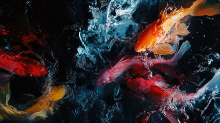 Group of fancy carp in a pond, their bright colors contrasting with the dark water, creating a stunning display of movement. --chaosの素材