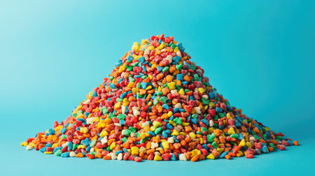 A mountain of assorted candy sprinkles, highlighting the bright reds, yellows, greens, and blues piled high against a solid backgroundの素材