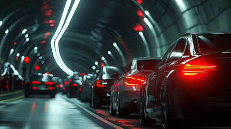 Long line of cars in a congested highway tunnel, brake lights glowing as vehicles inch forward.の素材