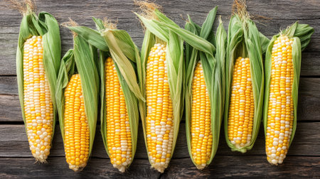 Freshly picked young corn cobs with green husks, arranged in a row, with a few peeled back to show the bright kernels. --chaosの素材