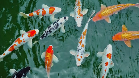 Top-down view of fancy carp in a calm pond, showcasing the vivid orange, white, and black patterns on their scales. --chaosの素材