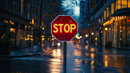 Stop sign on an empty city street, illuminated by the glow of nearby streetlights in the early evening, with light reflections on the sign. --chaosの素材