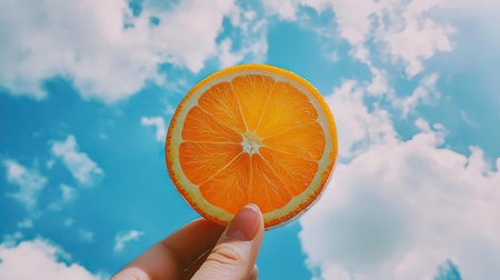Person holding a slice of citrus fruit up to a cloudy sky, with bright blue sky and white clouds framing the juicy orange slice. --chaosの素材