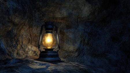 A single oil lamp burning brightly in a dark cave, illuminating the rough stone walls.の素材