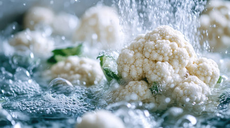 A close-up of cauliflower florets floating in water, being washed in preparation for a meal, with bubbles rising around themの素材