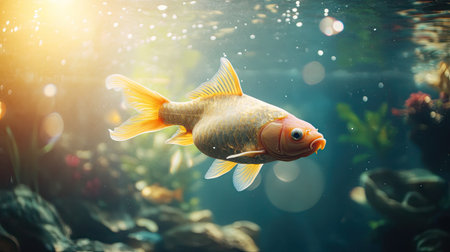 Fancy carp swimming just beneath the water's surface in a tranquil pond, with the sunlight shimmering on the clear water. --chaosの素材