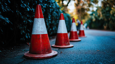 Group of traffic cones on a suburban street, placed around a utility work area with equipment and workers visible. --chaosの素材
