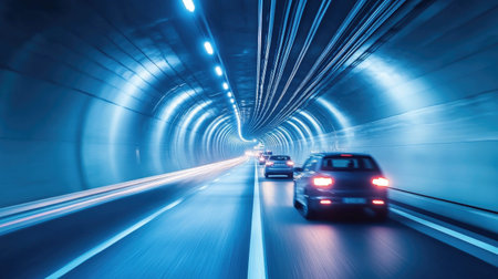 Clean, modern highway tunnel with minimal traffic, vehicles smoothly passing through in both directions.の素材