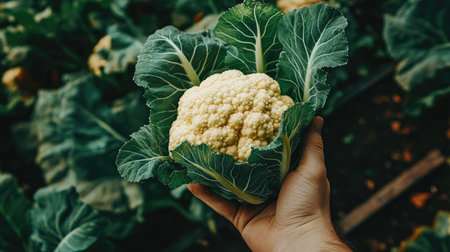 A hand holding a freshly picked cauliflower head with rich green leaves, shot in a natural garden settingの素材