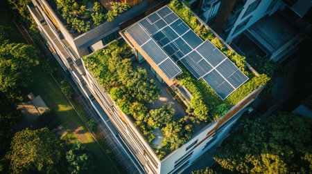 A mixed-use eco-friendly building with solar panels, a green rooftop garden, and energy-saving design elements that reduce its environmental impactの素材