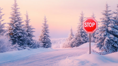 Red stop sign standing at a snowy intersection, with snow-covered trees and a pale sky in the background, creating a winter scene. --chaosの素材
