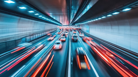 Multiple lanes of traffic inside a wide tunnel, vehicles moving under brightly lit ceilings.の素材