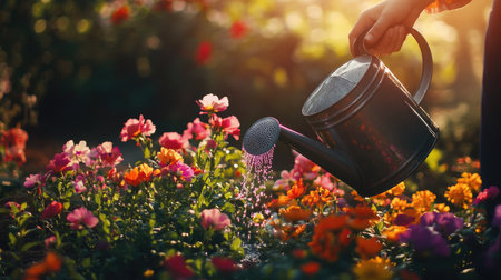 A person watering colorful flowers in a blooming summer garden using a metal watering can, with bright sunlight casting long shadowsの素材