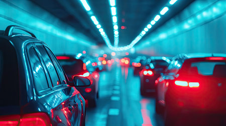 Gridlock inside a tunnel during peak travel hours, cars at a standstill with frustrated drivers.の素材