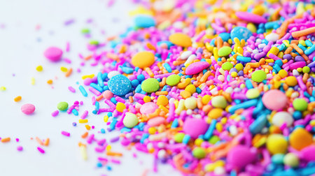 A close-up of a vibrant, colorful pile of candy sprinkles in different shapes and sizes scattered across a white backgroundの素材