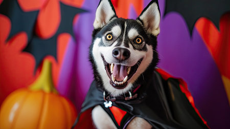 Adorable husky dog dressed in a classic Dracula costume, complete with a cape and fangs, posing playfully on a colorful Halloween backdrop.の素材