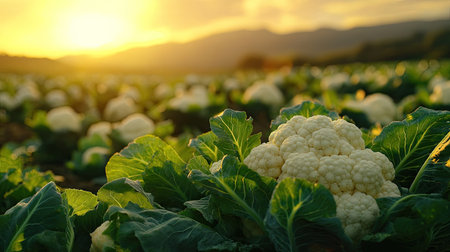 Cauliflower growing in a field, nestled among green leaves, with the sun setting in the background for a farm-to-table feelの素材
