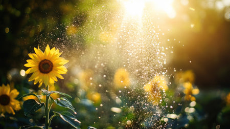 Water being sprayed onto a row of sunflowers in a summer garden, with the bright yellow flowers glowing in the afternoon sunの素材