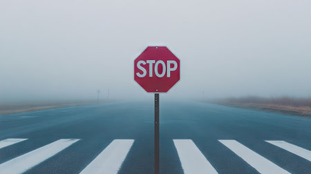 Red stop sign at an intersection on a foggy day, with low visibility and diffused light creating a soft background effect. --chaosの素材