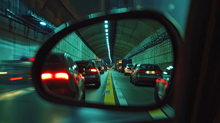 Highway tunnel traffic from a rear view mirror reflection, showing cars lined up behind.の素材