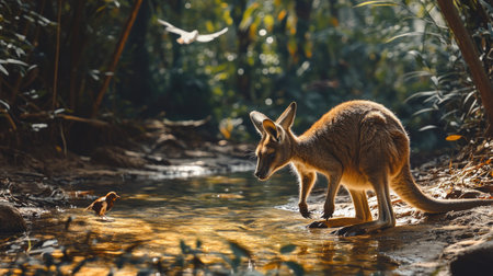 A wallaby kangaroo cautiously approaching a small stream in the wild, ready to drink from the clear water as birds fly overheadの素材