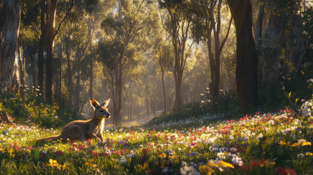 A wide-angle shot of a wallaby kangaroo resting in a forest clearing, surrounded by tall trees and wildflowers in full bloomの素材