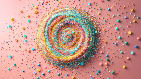 A swirl of candy sprinkles arranged in a spiral pattern on a plain background, creating a playful, fun designの素材