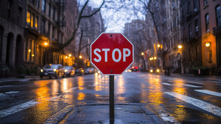Stop sign on an empty city street, illuminated by the glow of nearby streetlights in the early evening, with light reflections on the sign. --chaosの素材