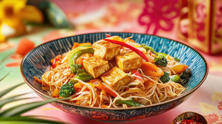 A vibrant plate of fried bee hoon with tofu, vegetables, and chili sauce, set against a colorful Asian-themed backdropの素材