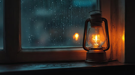 Minimalist oil lamp placed on a windowsill, the flame providing soft light against a rainy backdrop.の素材